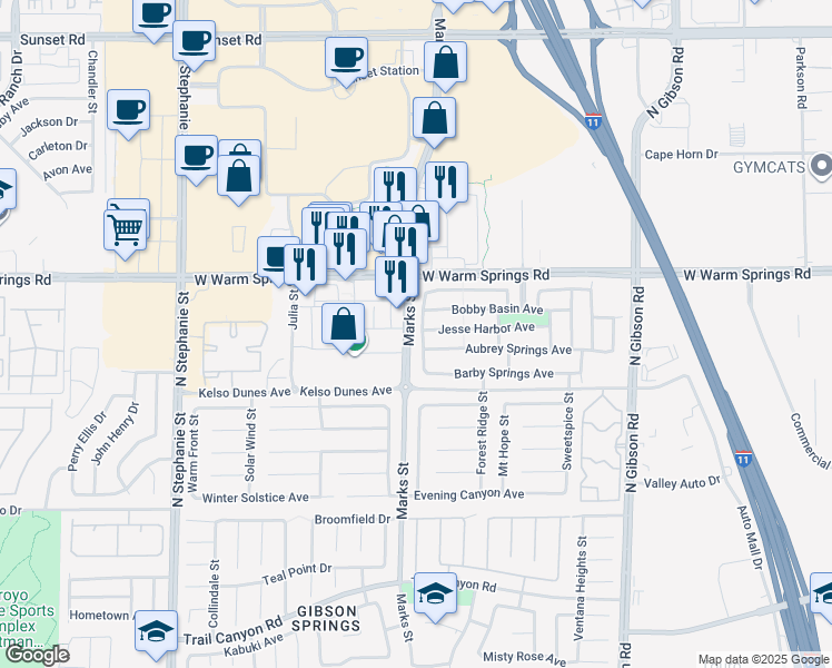 map of restaurants, bars, coffee shops, grocery stores, and more near 367 Wilford Springs Street in Henderson