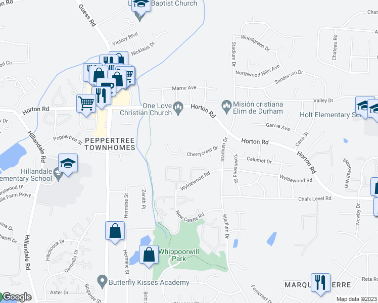 map of restaurants, bars, coffee shops, grocery stores, and more near 1410 Cherrycrest Drive in Durham