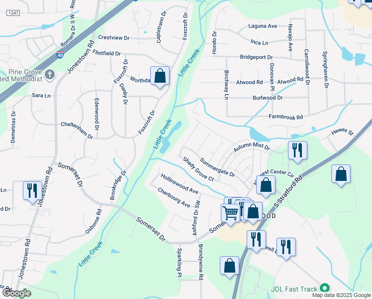 map of restaurants, bars, coffee shops, grocery stores, and more near 479 Summergate Drive in Winston Salem