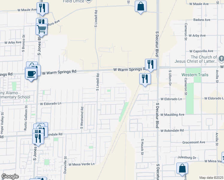 map of restaurants, bars, coffee shops, grocery stores, and more near 7432 Decoro Street in Las Vegas