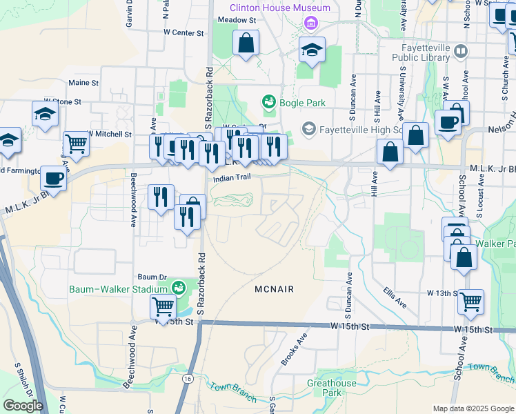 map of restaurants, bars, coffee shops, grocery stores, and more near 863 South Rose Avenue in Fayetteville