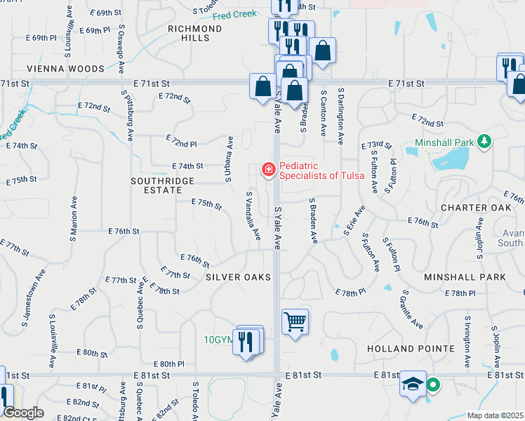 map of restaurants, bars, coffee shops, grocery stores, and more near 7501 South Vandalia Avenue in Tulsa