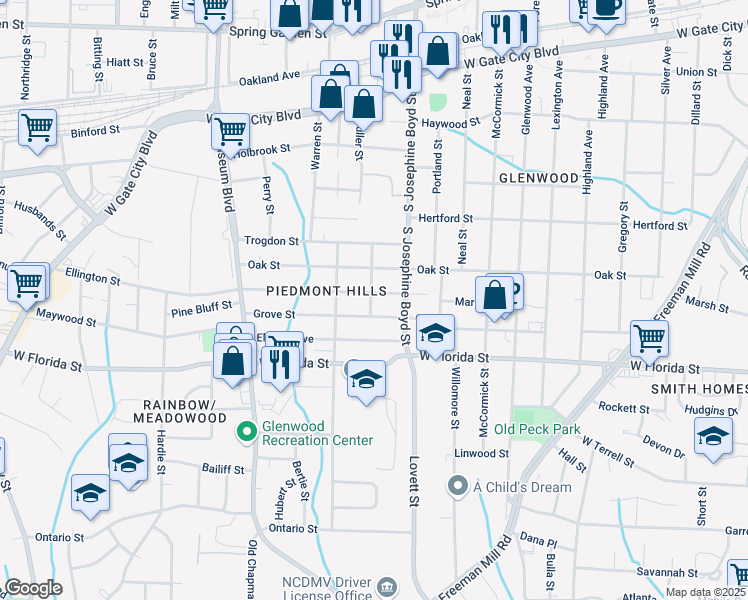 map of restaurants, bars, coffee shops, grocery stores, and more near 1508 Grove Street in Greensboro