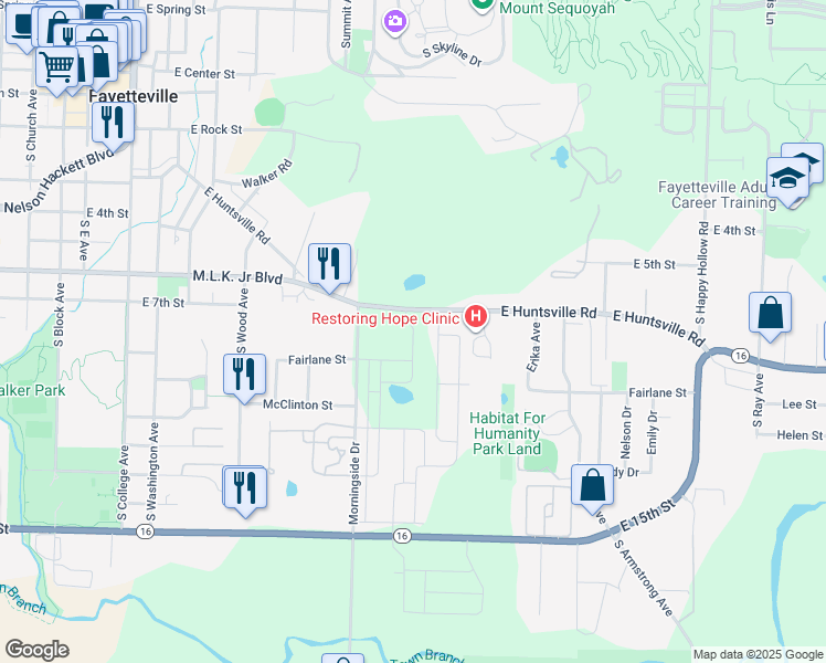map of restaurants, bars, coffee shops, grocery stores, and more near 741 Martin Luther King Junior Boulevard in Fayetteville
