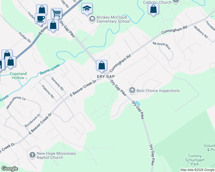 map of restaurants, bars, coffee shops, grocery stores, and more near 1633 Dry Gap Pike in Knoxville