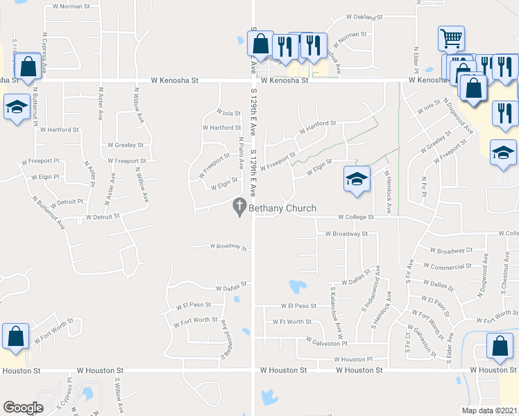 map of restaurants, bars, coffee shops, grocery stores, and more near 204 North Nyssa Avenue in Broken Arrow