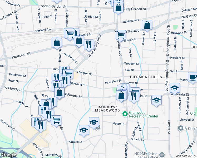 map of restaurants, bars, coffee shops, grocery stores, and more near 1503 Hanner Street in Greensboro