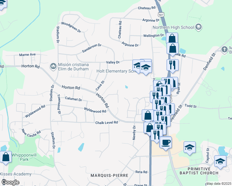 map of restaurants, bars, coffee shops, grocery stores, and more near 844 Horton Road in Durham