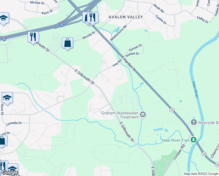 map of restaurants, bars, coffee shops, grocery stores, and more near 912-922 East Gilbreath Street in Graham