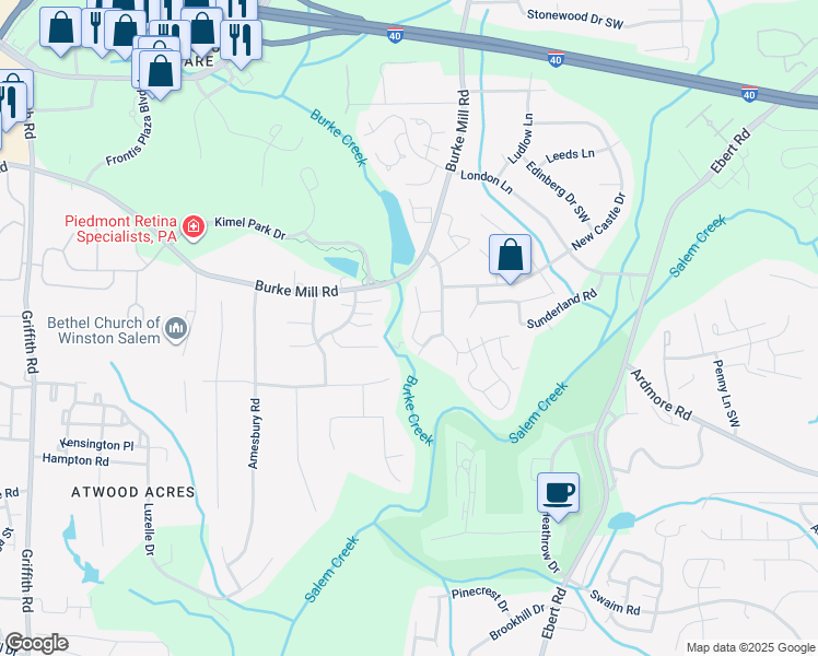 map of restaurants, bars, coffee shops, grocery stores, and more near 2849 Wynfield Crossing Lane in Winston-Salem