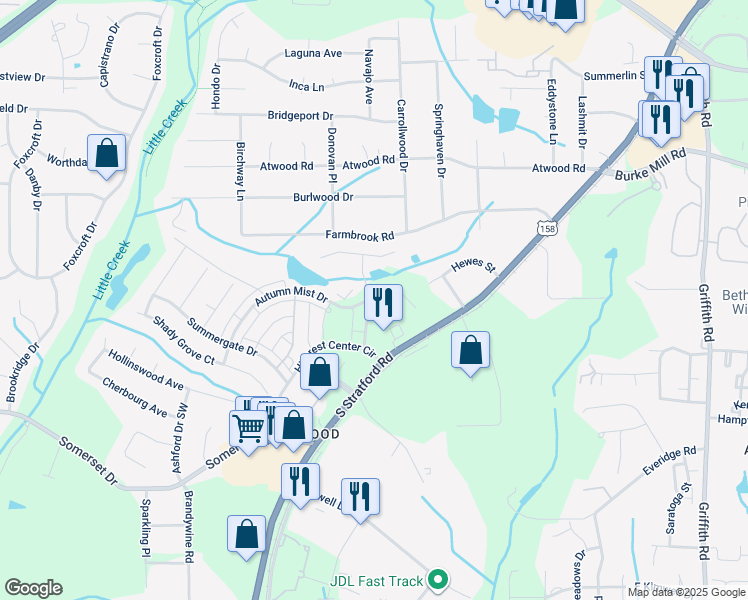 map of restaurants, bars, coffee shops, grocery stores, and more near 2421 Eagle Creek Court in Winston-Salem