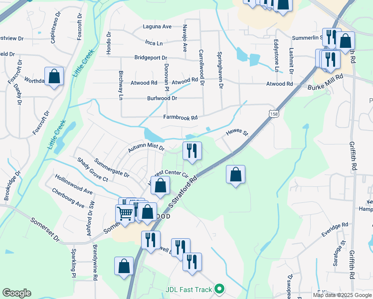 map of restaurants, bars, coffee shops, grocery stores, and more near 2421 Eagle Creek Court in Winston-Salem