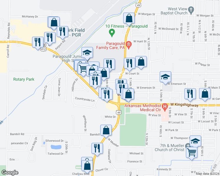 map of restaurants, bars, coffee shops, grocery stores, and more near 1598 West Main Street in Paragould