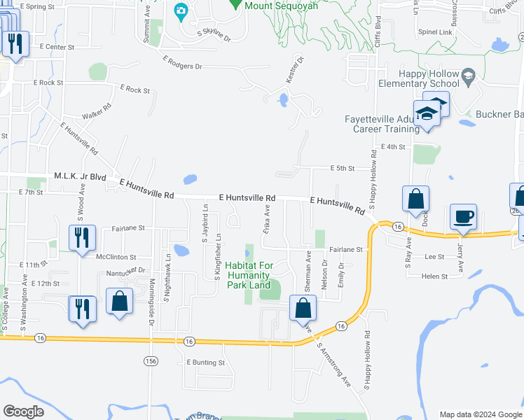map of restaurants, bars, coffee shops, grocery stores, and more near 1201 East Huntsville Road in Fayetteville