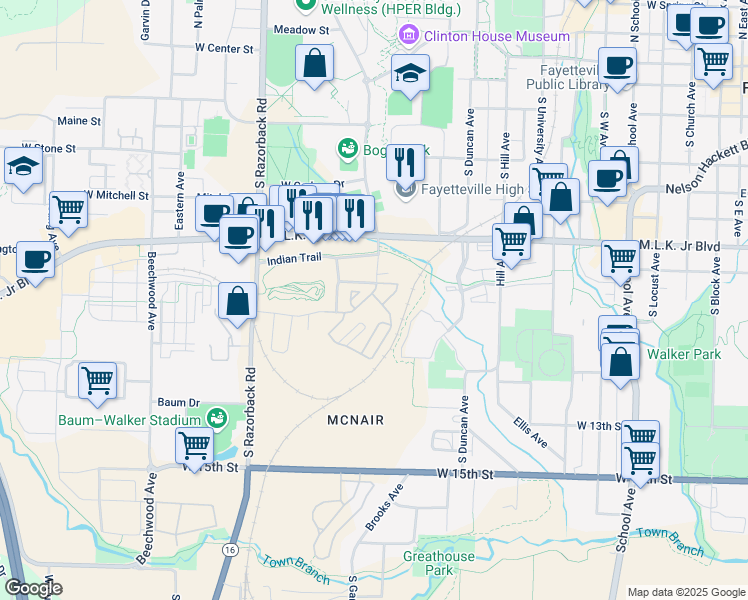 map of restaurants, bars, coffee shops, grocery stores, and more near 1139 Stadium Drive in Fayetteville