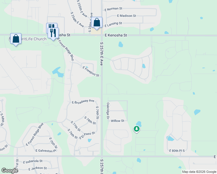 map of restaurants, bars, coffee shops, grocery stores, and more near 7550 Oakridge Drive in Broken Arrow