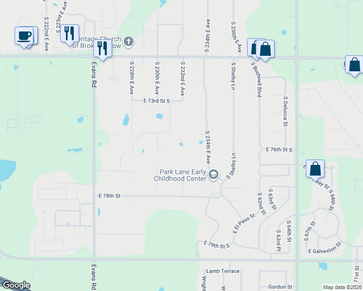 map of restaurants, bars, coffee shops, grocery stores, and more near 23105 East 75th Street in Broken Arrow
