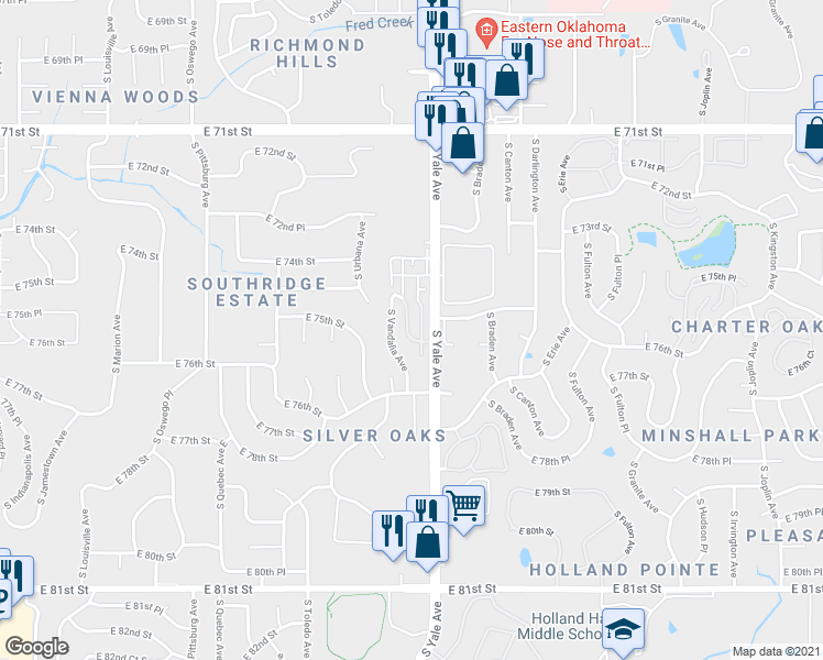 map of restaurants, bars, coffee shops, grocery stores, and more near 7501 South Vandalia Avenue in Tulsa