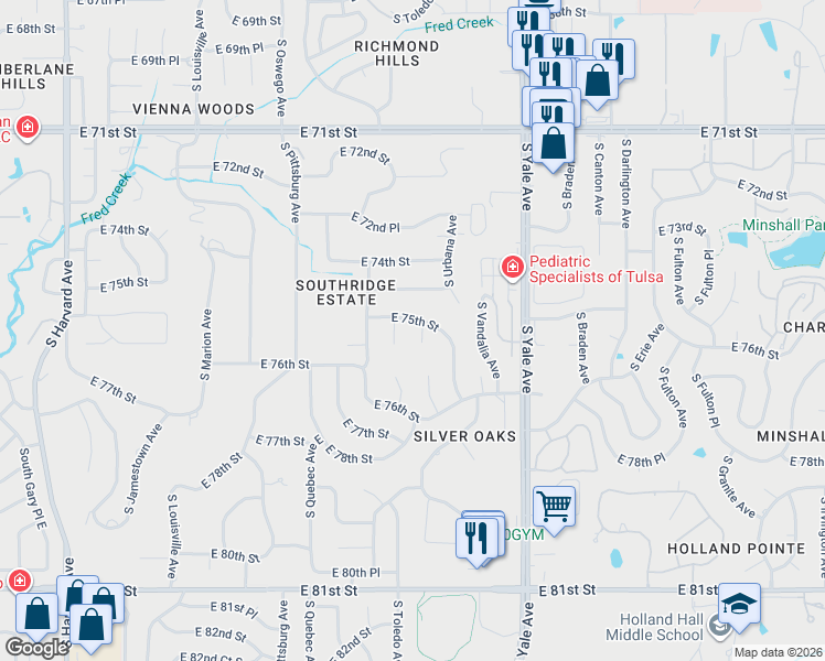 map of restaurants, bars, coffee shops, grocery stores, and more near 7526 South Toledo Avenue in Tulsa