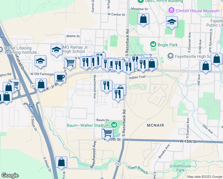 map of restaurants, bars, coffee shops, grocery stores, and more near 876 South Arbuckle Lane in Fayetteville