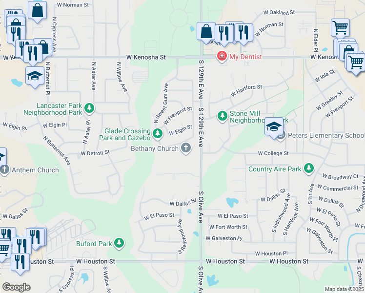 map of restaurants, bars, coffee shops, grocery stores, and more near 205 North Redwood Court in Broken Arrow