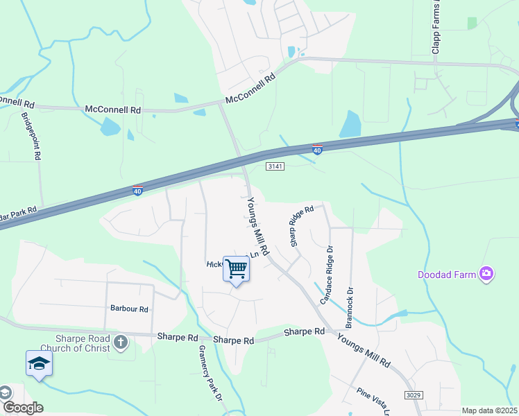 map of restaurants, bars, coffee shops, grocery stores, and more near 1305 Youngs Mill Road in Greensboro