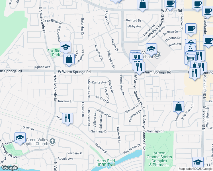 map of restaurants, bars, coffee shops, grocery stores, and more near 1686 Duarte Drive in Henderson