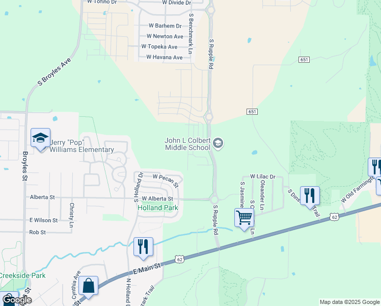 map of restaurants, bars, coffee shops, grocery stores, and more near 4338 West Cottage Street in Fayetteville