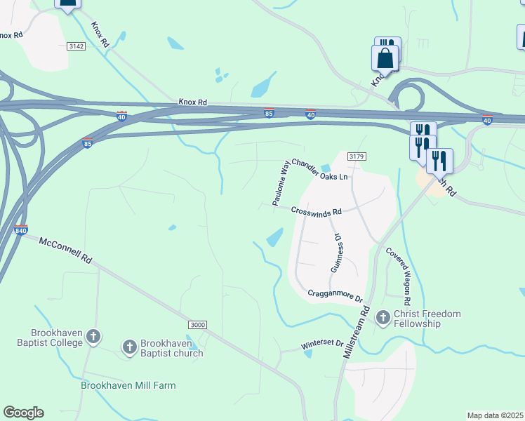 map of restaurants, bars, coffee shops, grocery stores, and more near 5274 Crosswinds Road in McLeansville