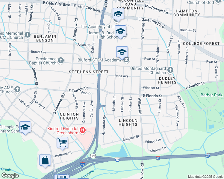 map of restaurants, bars, coffee shops, grocery stores, and more near 1601 Lincoln Street in Greensboro