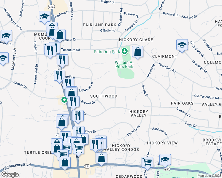 map of restaurants, bars, coffee shops, grocery stores, and more near 349 Brewer Drive in Nashville