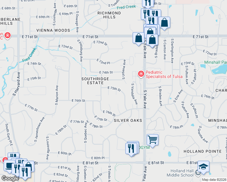 map of restaurants, bars, coffee shops, grocery stores, and more near 7526 South Toledo Avenue in Tulsa