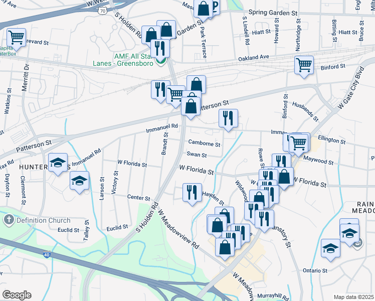 map of restaurants, bars, coffee shops, grocery stores, and more near 1432 Swan Street in Greensboro