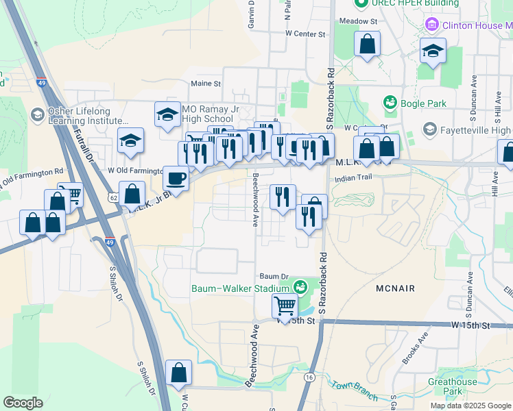 map of restaurants, bars, coffee shops, grocery stores, and more near 912 Beechwood Avenue in Fayetteville