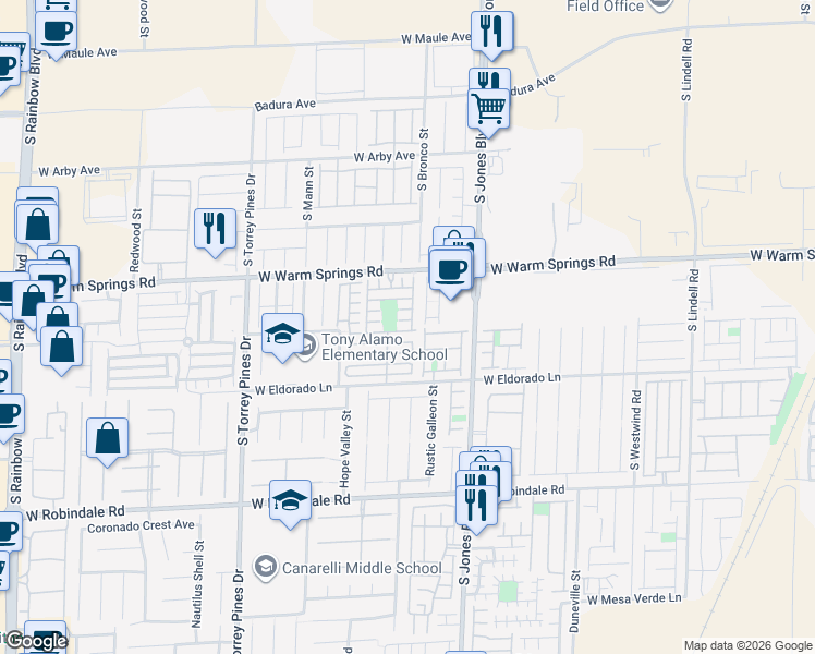 map of restaurants, bars, coffee shops, grocery stores, and more near 6216 Pangea Avenue in Las Vegas