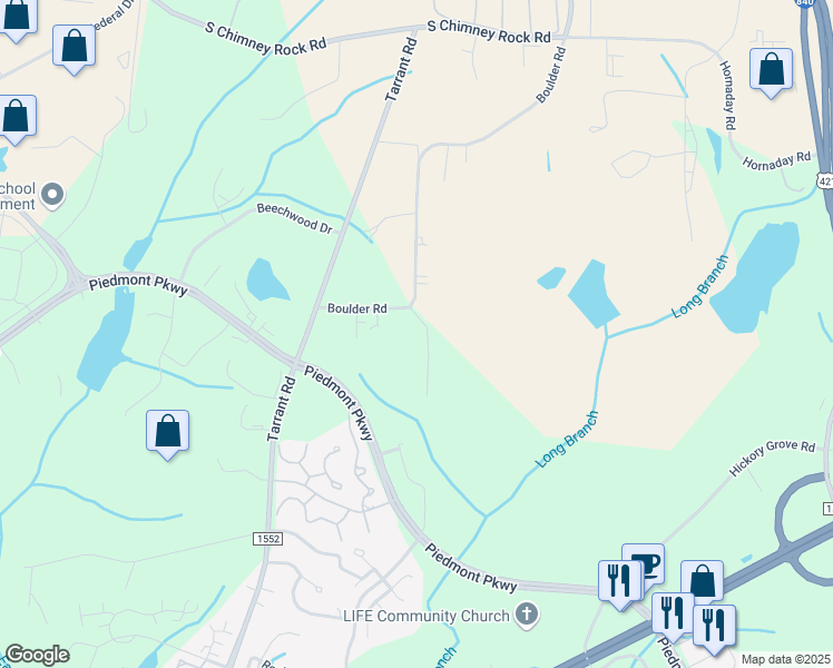 map of restaurants, bars, coffee shops, grocery stores, and more near 4008 Crimson Wood Court in Greensboro