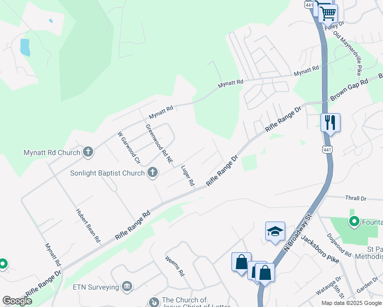 map of restaurants, bars, coffee shops, grocery stores, and more near 2904 Colt Drive Northeast in Knoxville