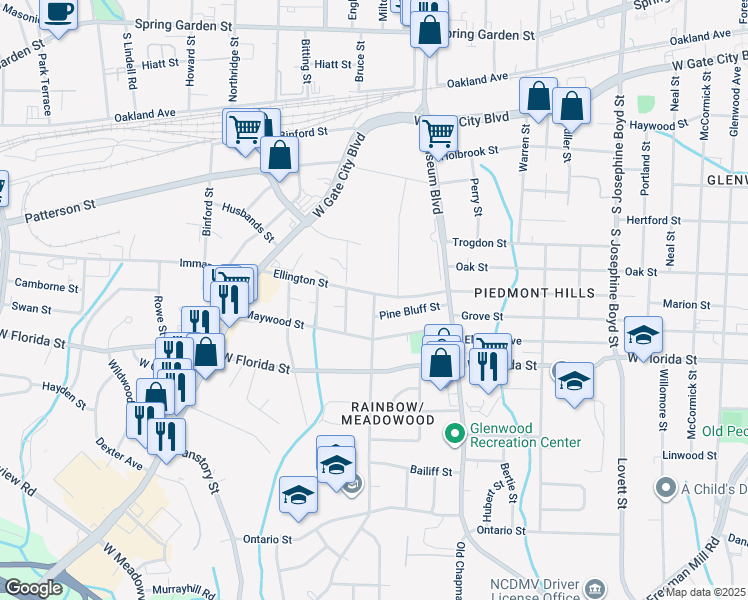 map of restaurants, bars, coffee shops, grocery stores, and more near 1502 Hardie Street in Greensboro