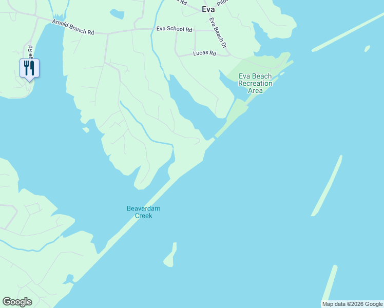 map of restaurants, bars, coffee shops, grocery stores, and more near 1180 Eva Harbor Road in Eva