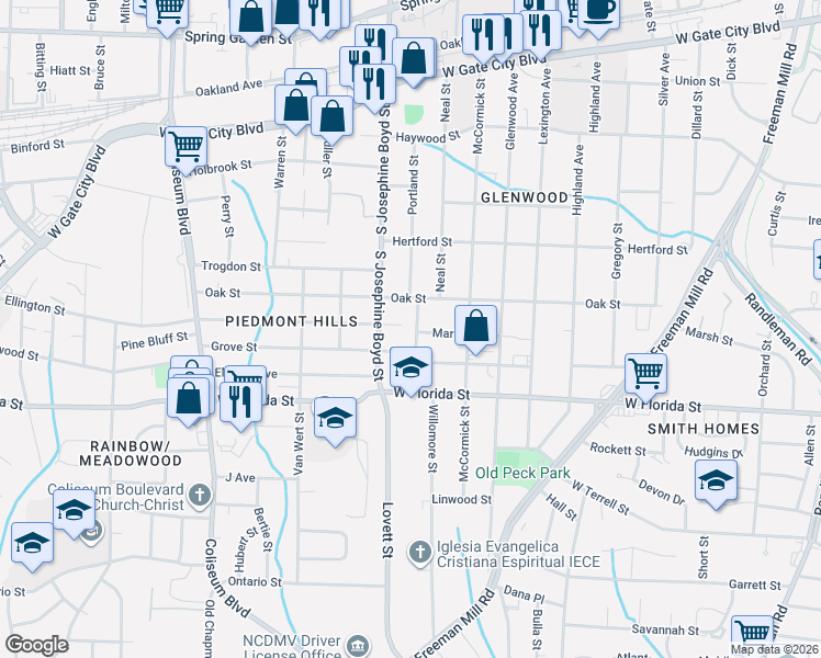 map of restaurants, bars, coffee shops, grocery stores, and more near 1408 Grove Street in Greensboro