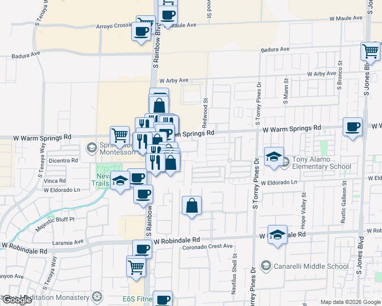map of restaurants, bars, coffee shops, grocery stores, and more near 7374 South Garnet Creek Street in Las Vegas