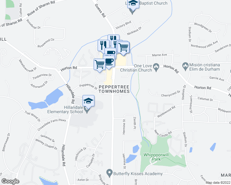 map of restaurants, bars, coffee shops, grocery stores, and more near 1918 Peppertree Street in Durham