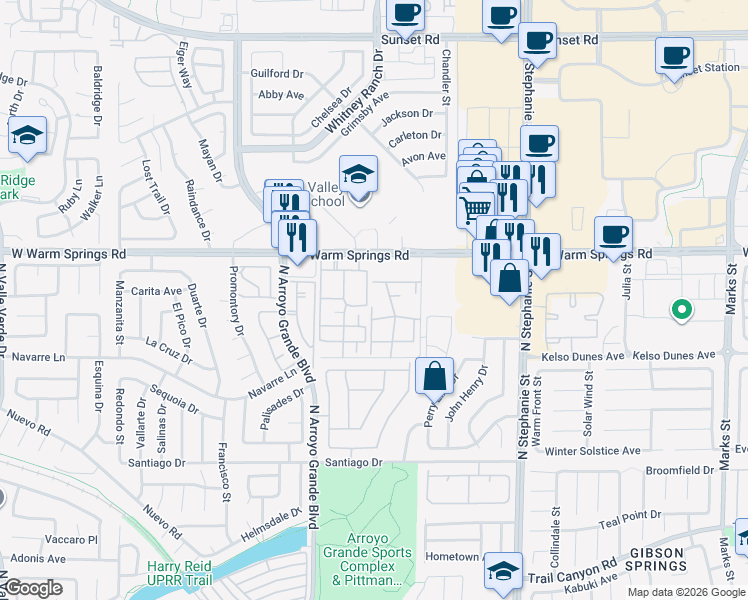 map of restaurants, bars, coffee shops, grocery stores, and more near 360 Sunward Drive in Henderson