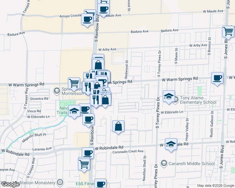 map of restaurants, bars, coffee shops, grocery stores, and more near 7374 South Garnet Creek Street in Las Vegas