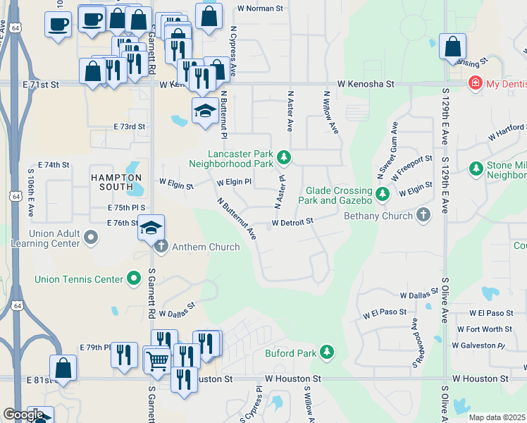 map of restaurants, bars, coffee shops, grocery stores, and more near 4412 West Detroit Street in Broken Arrow