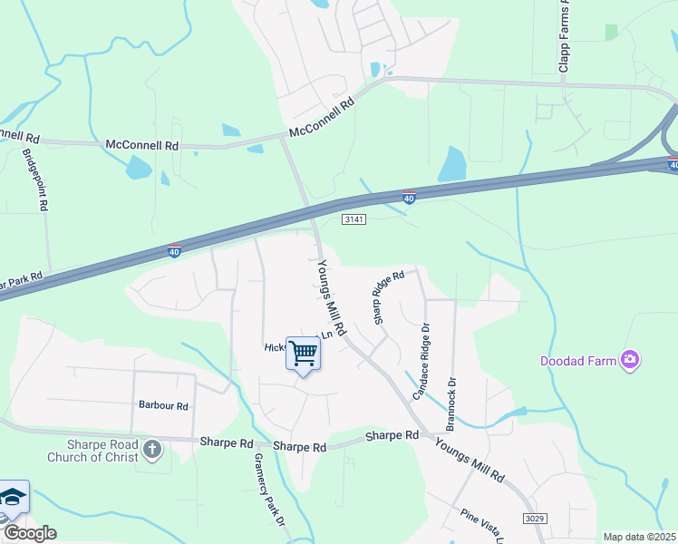 map of restaurants, bars, coffee shops, grocery stores, and more near 1305 Youngs Mill Road in Greensboro