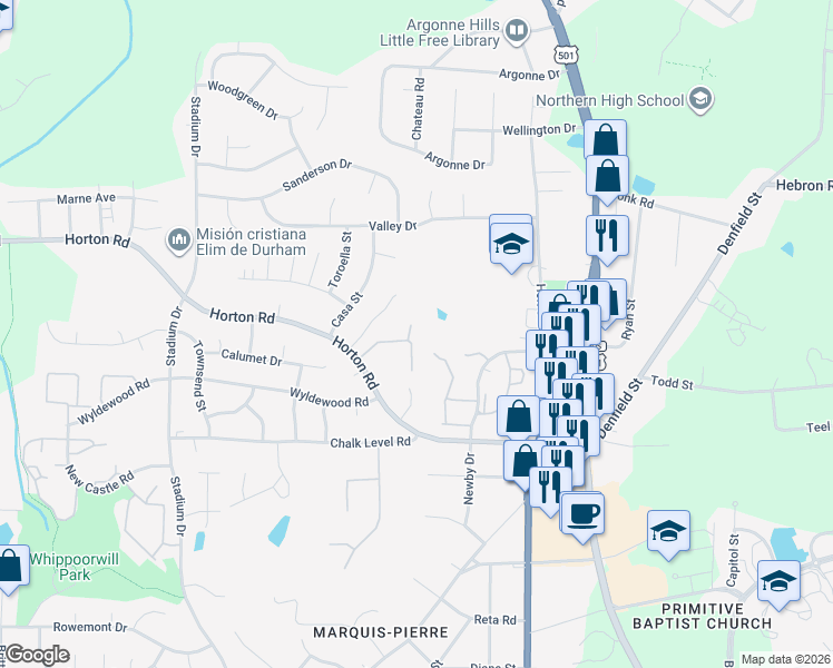 map of restaurants, bars, coffee shops, grocery stores, and more near 844 Horton Road in Durham
