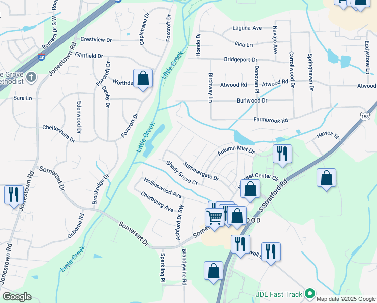 map of restaurants, bars, coffee shops, grocery stores, and more near 2465 Moss Grove Crossing in Winston-Salem