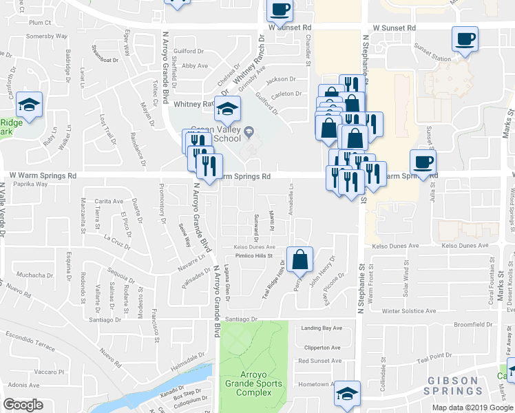 map of restaurants, bars, coffee shops, grocery stores, and more near 360 Sunward Drive in Henderson