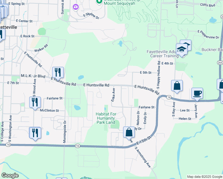 map of restaurants, bars, coffee shops, grocery stores, and more near 1201 East Huntsville Road in Fayetteville